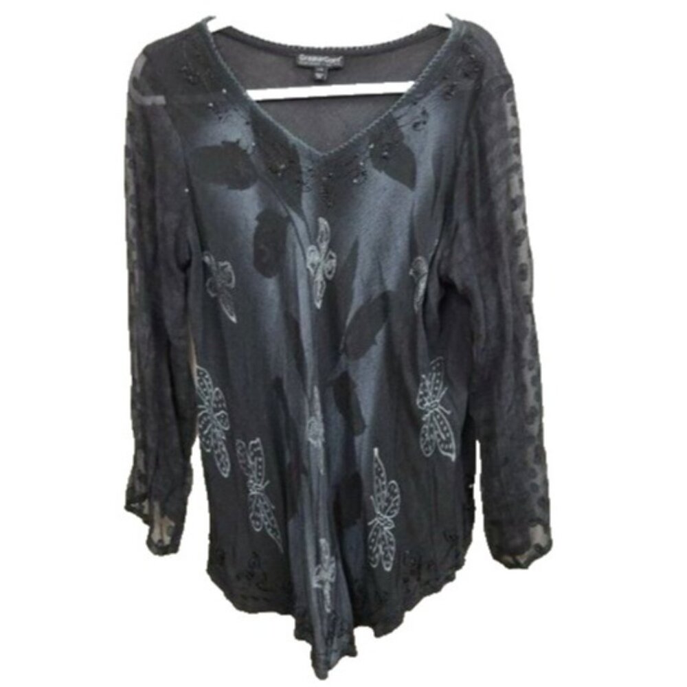 Greater Good Womens Butterfly Top L/XL Black Embroidered Beaded BOHO Whimsygoth